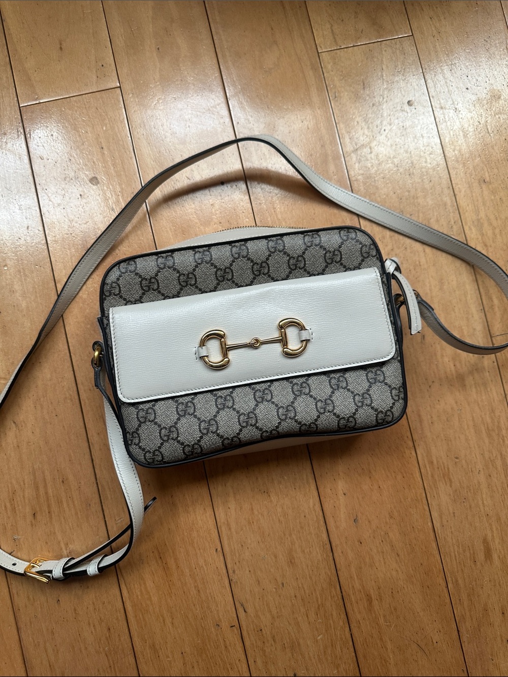 Gucci Beige GG Canvas Crossbody with White Leather Flap and Gold Horsebit